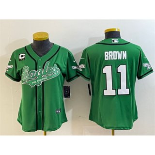 Women's Philadelphia Eagles #11 A. J. Brown Green With 3-Star C Patch Cool Base Stitched Baseball Jersey(Run Small)